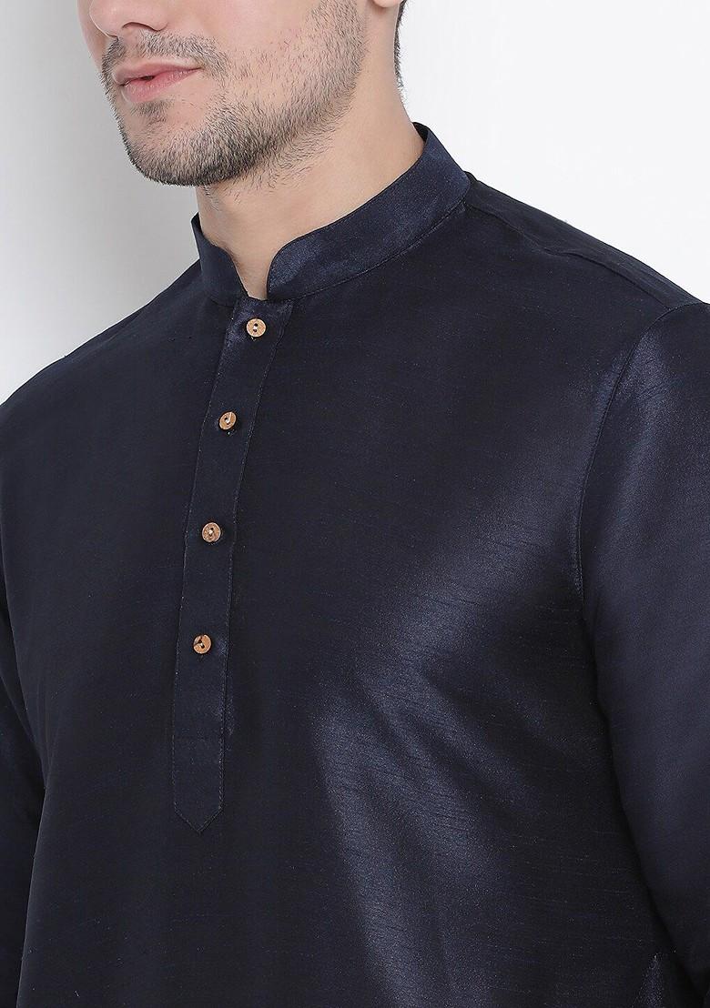 Navy Blue Solid Poly Blend Kurta Set For Men