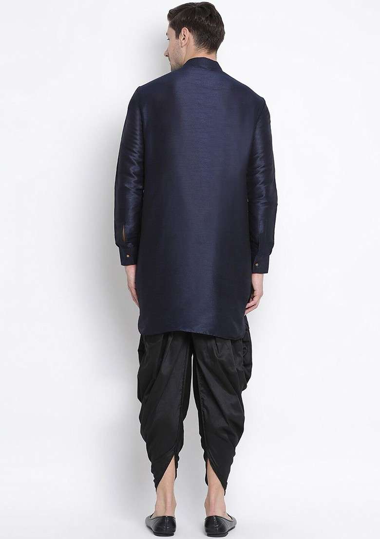 Navy Blue Solid Poly Blend Kurta Set For Men - Indya