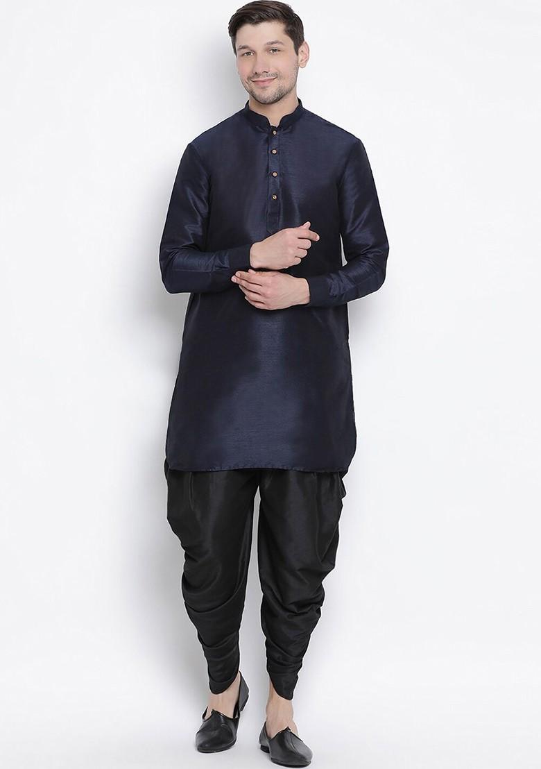 Navy Blue Solid Poly Blend Kurta Set For Men