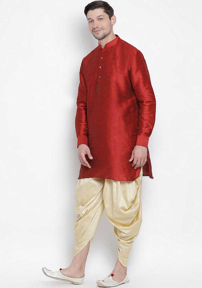 Maroon Solid Poly Blend Kurta Set For Men