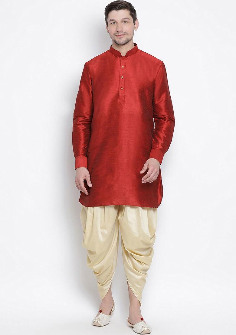 Maroon Solid Poly Blend Kurta Set For Men