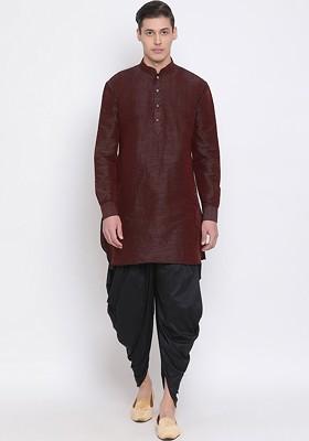 Burgundy Solid Poly Blend Kurta Set For Men