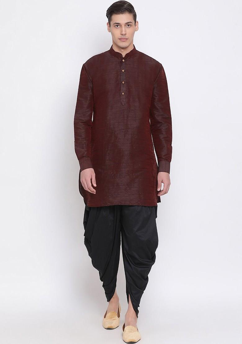 Burgundy Solid Poly Blend Kurta Set For Men