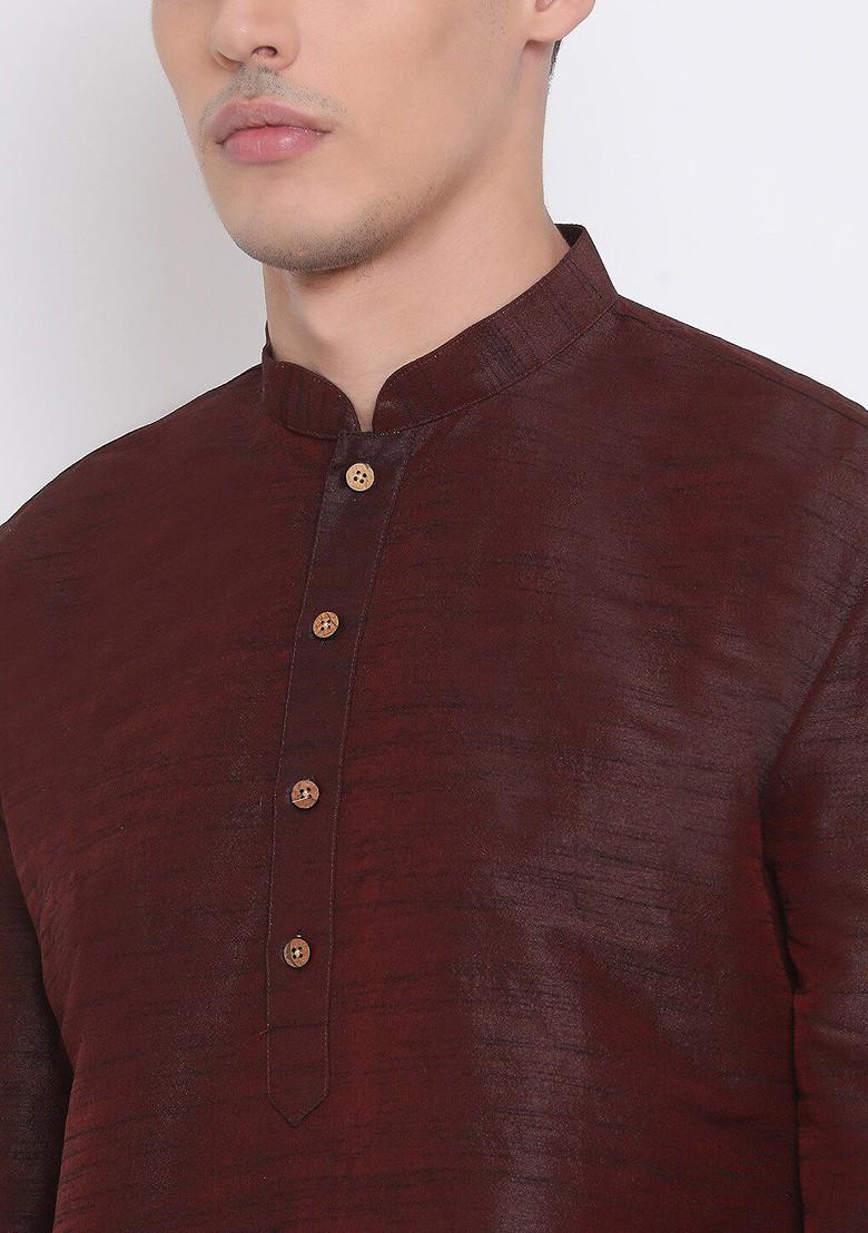 Burgundy Solid Poly Blend Kurta Set For Men