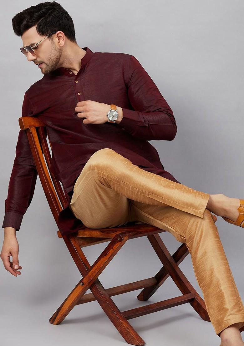 Burgundy Solid Poly Blend Kurta Set For Men