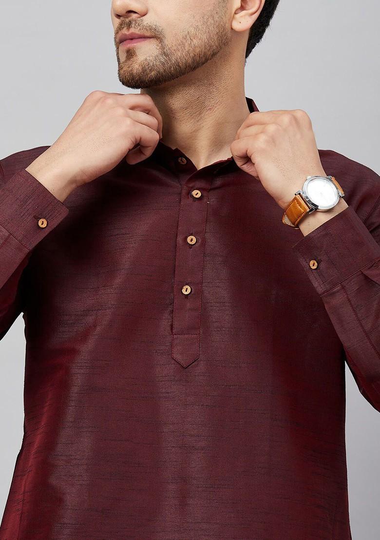 Burgundy Solid Poly Blend Kurta Set For Men