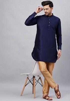 Navy Blue Solid Poly Blend Kurta Set For Men