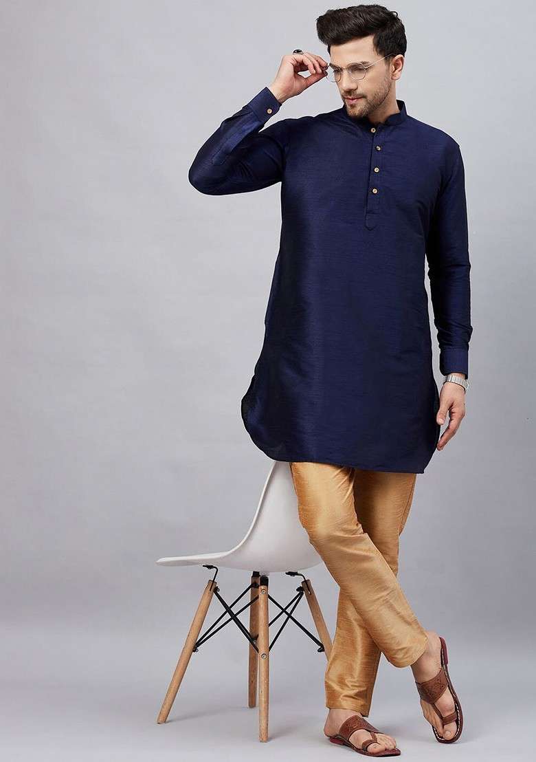 Navy Blue Solid Poly Blend Kurta Set For Men - Indya