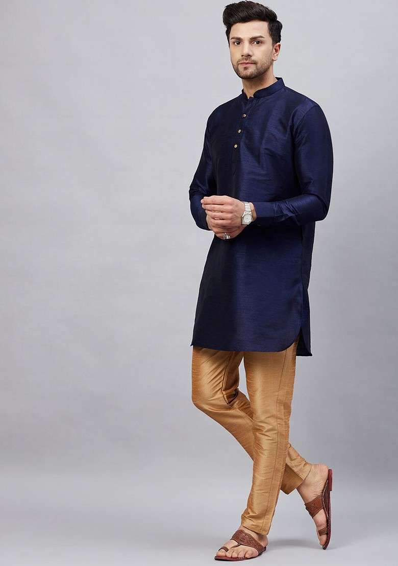 Navy Blue Solid Poly Blend Kurta Set For Men - Indya