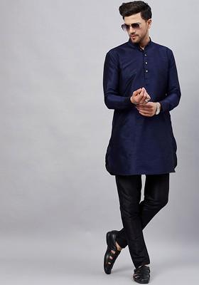 Navy Blue Solid Poly Blend Kurta Set For Men