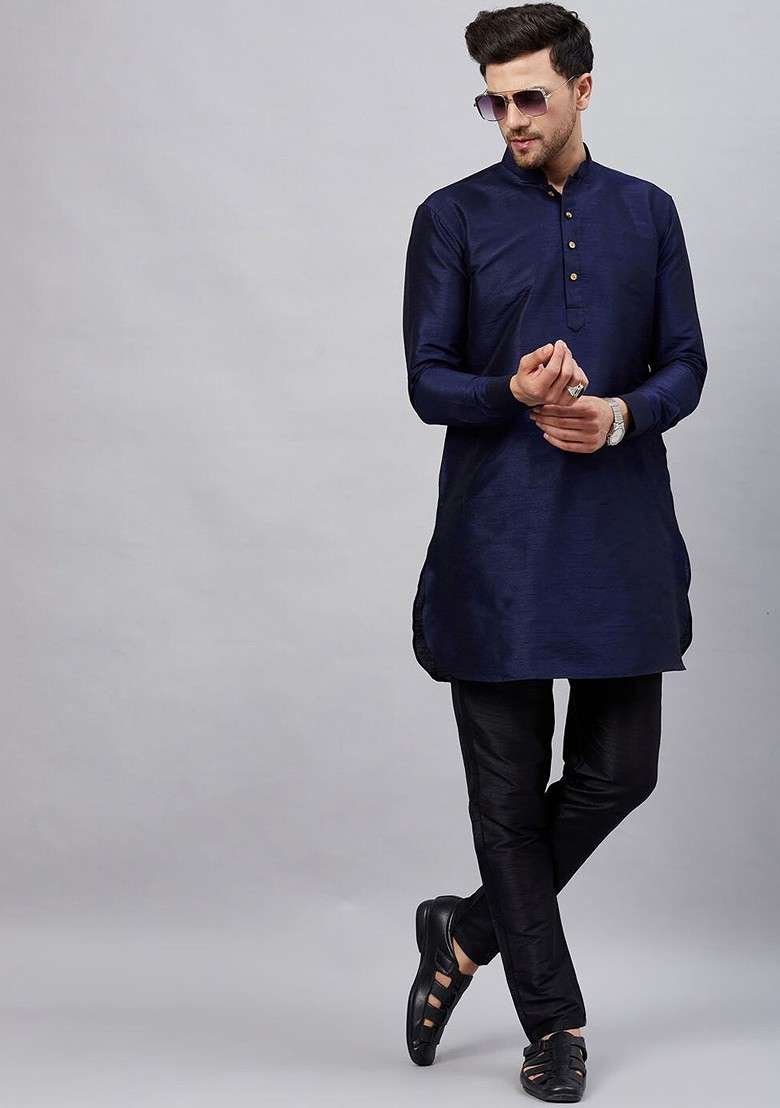 Navy Blue Solid Poly Blend Kurta Set For Men - Indya