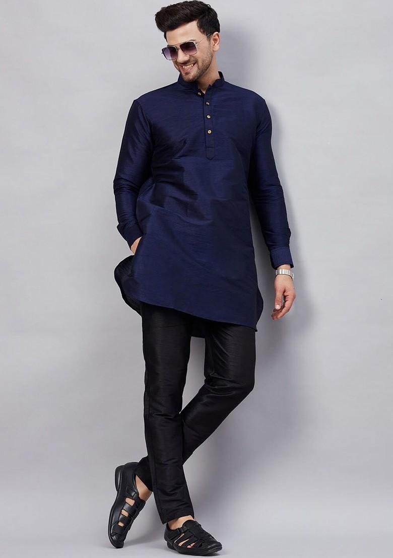Navy Blue Solid Poly Blend Kurta Set For Men