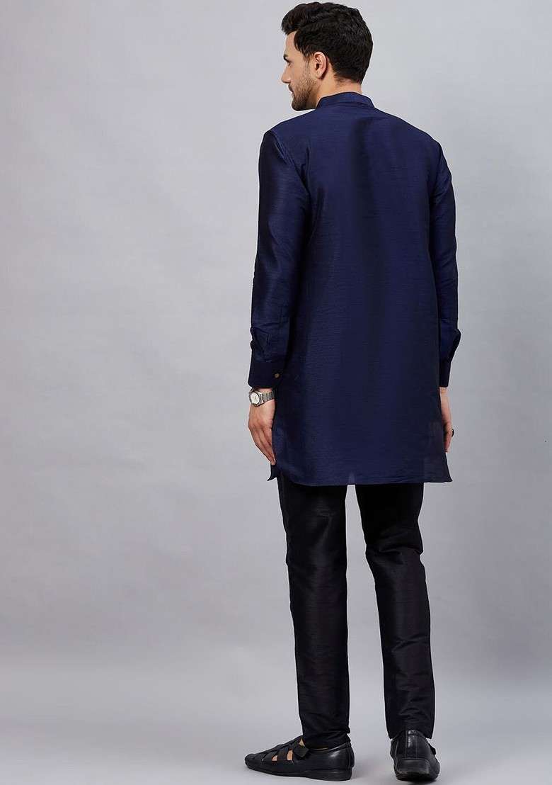 Navy Blue Solid Poly Blend Kurta Set For Men - Indya