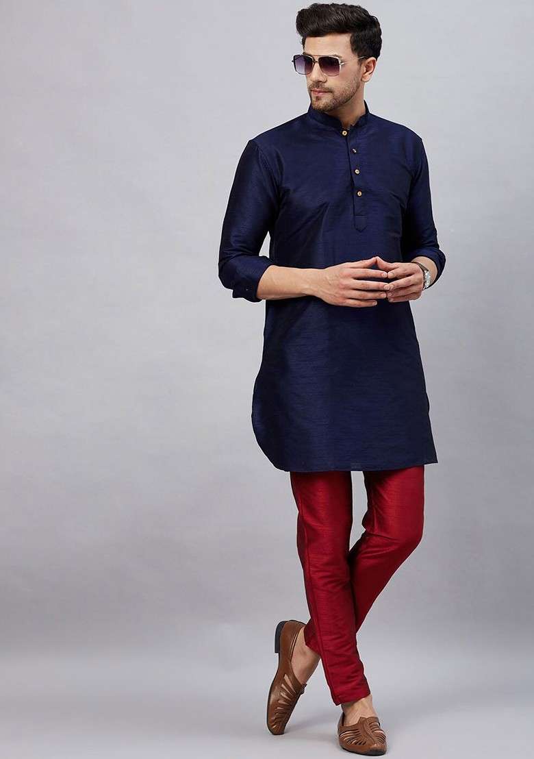 Navy Blue Solid Poly Blend Kurta Set For Men - Indya