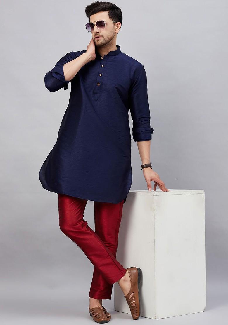 Navy Blue Solid Poly Blend Kurta Set For Men