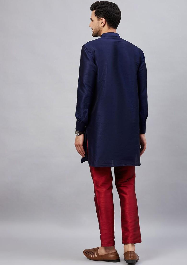 Navy Blue Solid Poly Blend Kurta Set For Men