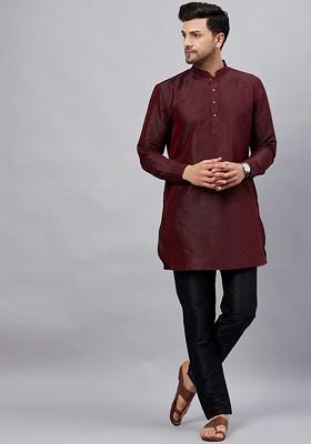 Burgundy Solid Poly Blend Kurta Set For Men