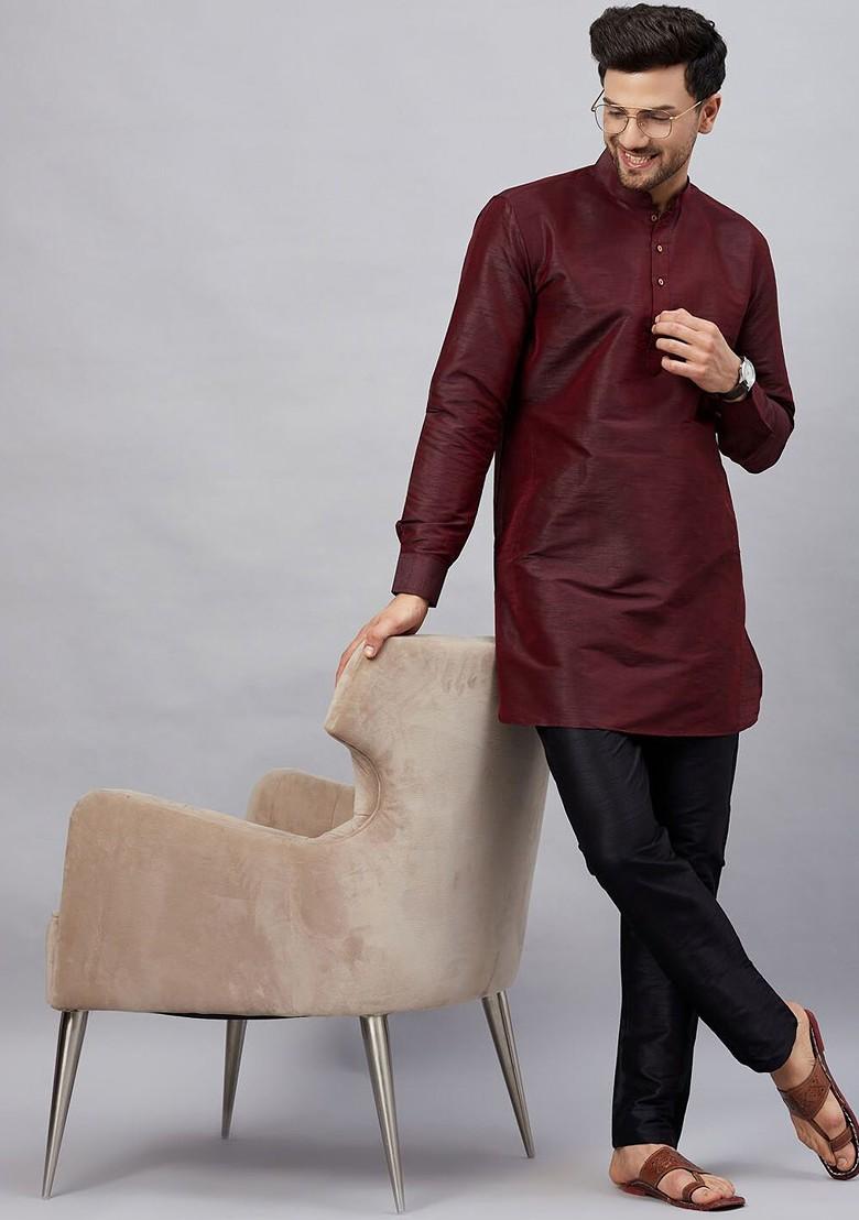 Burgundy Solid Poly Blend Kurta Set For Men