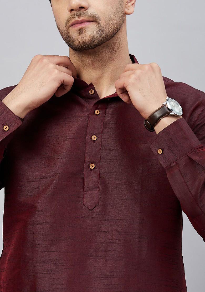 Burgundy Solid Poly Blend Kurta Set For Men