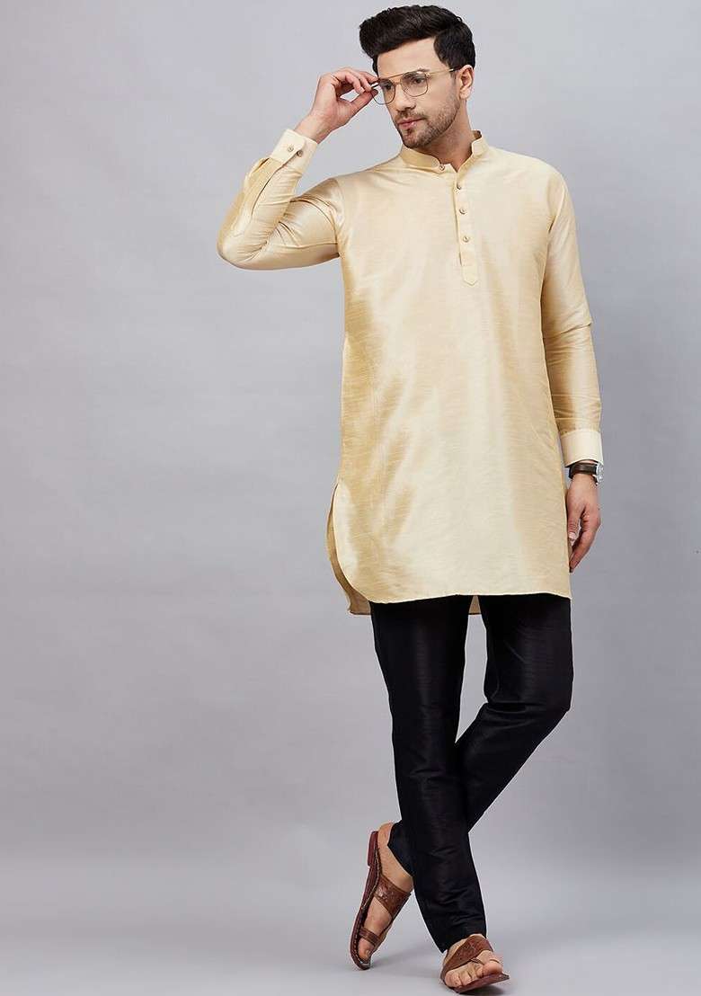 Beige Solid Poly Blend Kurta Set For Men - Indya