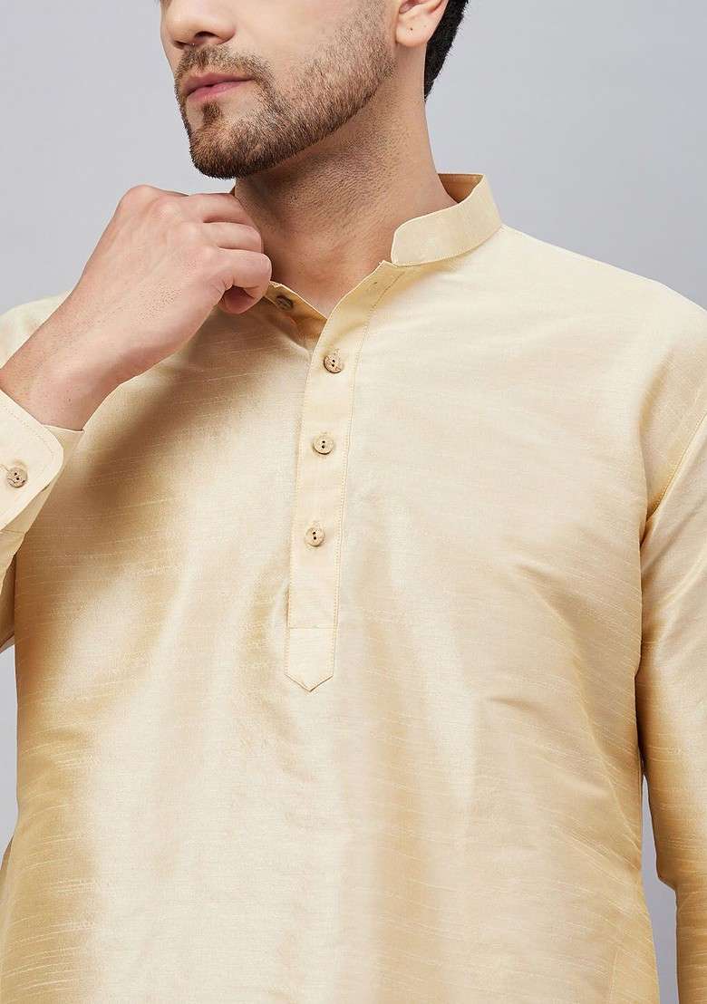 Beige Solid Poly Blend Kurta Set For Men - Indya