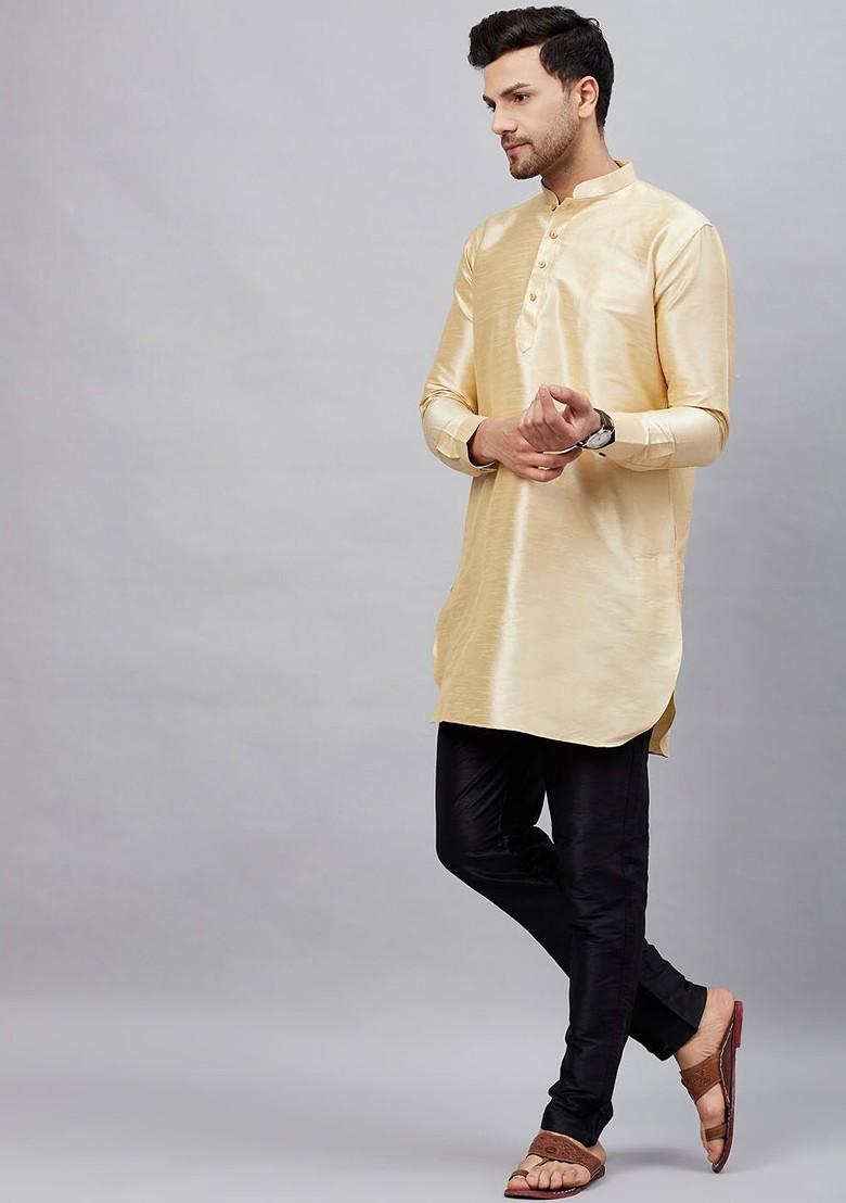 Beige Solid Poly Blend Kurta Set For Men