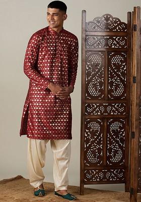Maroon Ethnic Motifs Poly Blend Kurta Set For Men