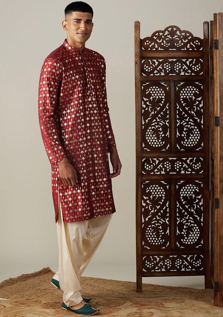 Maroon Ethnic Motifs Poly Blend Kurta Set For Men