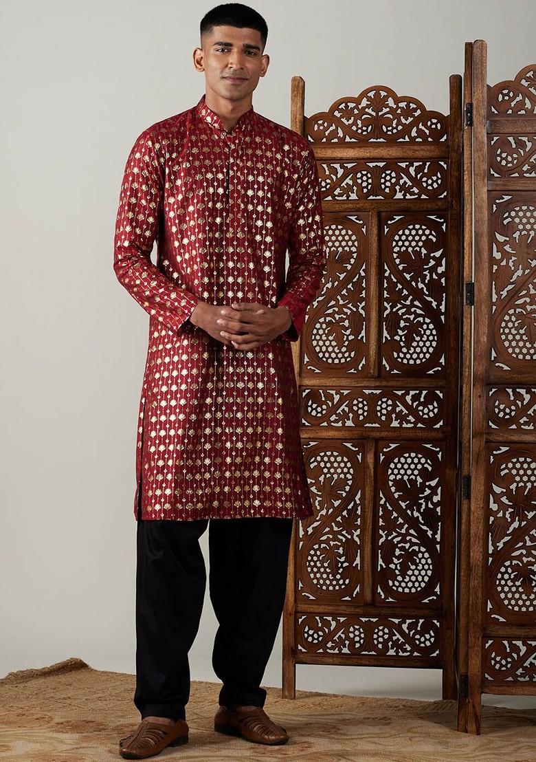 Maroon Ethnic Motifs Poly Blend Kurta Set For Men