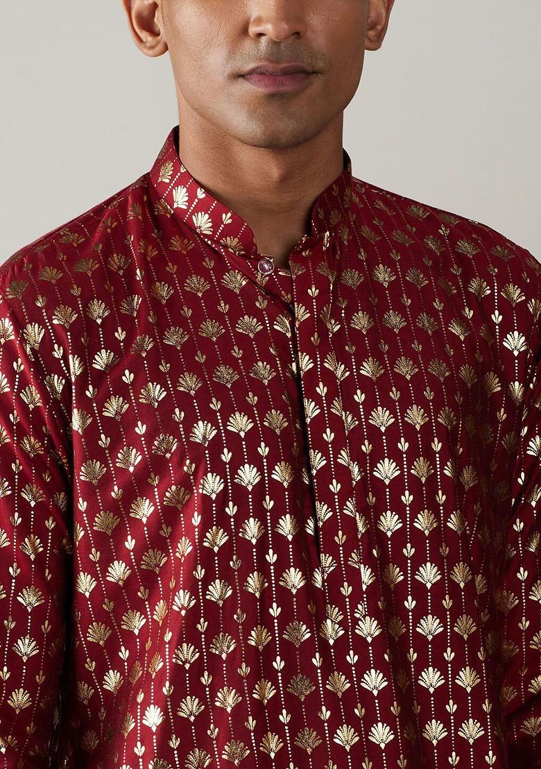Maroon Ethnic Motifs Poly Blend Kurta Set For Men