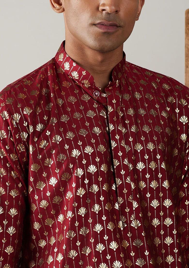 Maroon Ethnic Motifs Poly Blend Kurta Set For Men