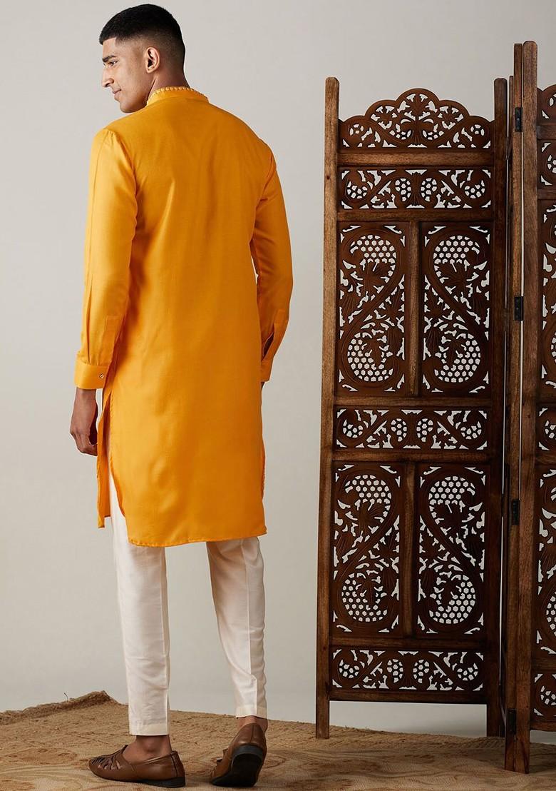 Mustard Thread Work Poly Blend Kurta Set For Men