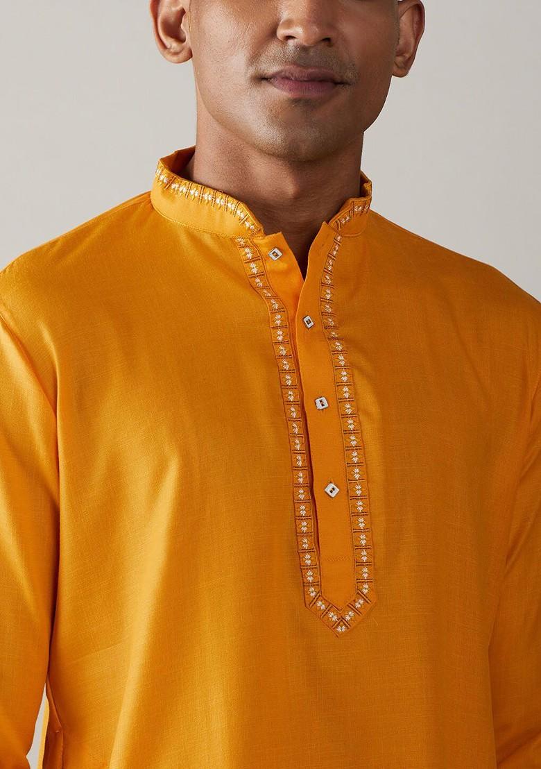 Mustard Thread Work Poly Blend Kurta Set For Men