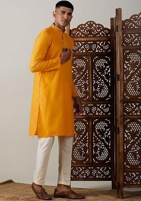 Yellow Thread Work Poly Blend Kurta Set For Men