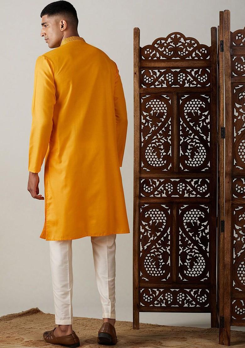 Yellow Thread Work Poly Blend Kurta Set For Men