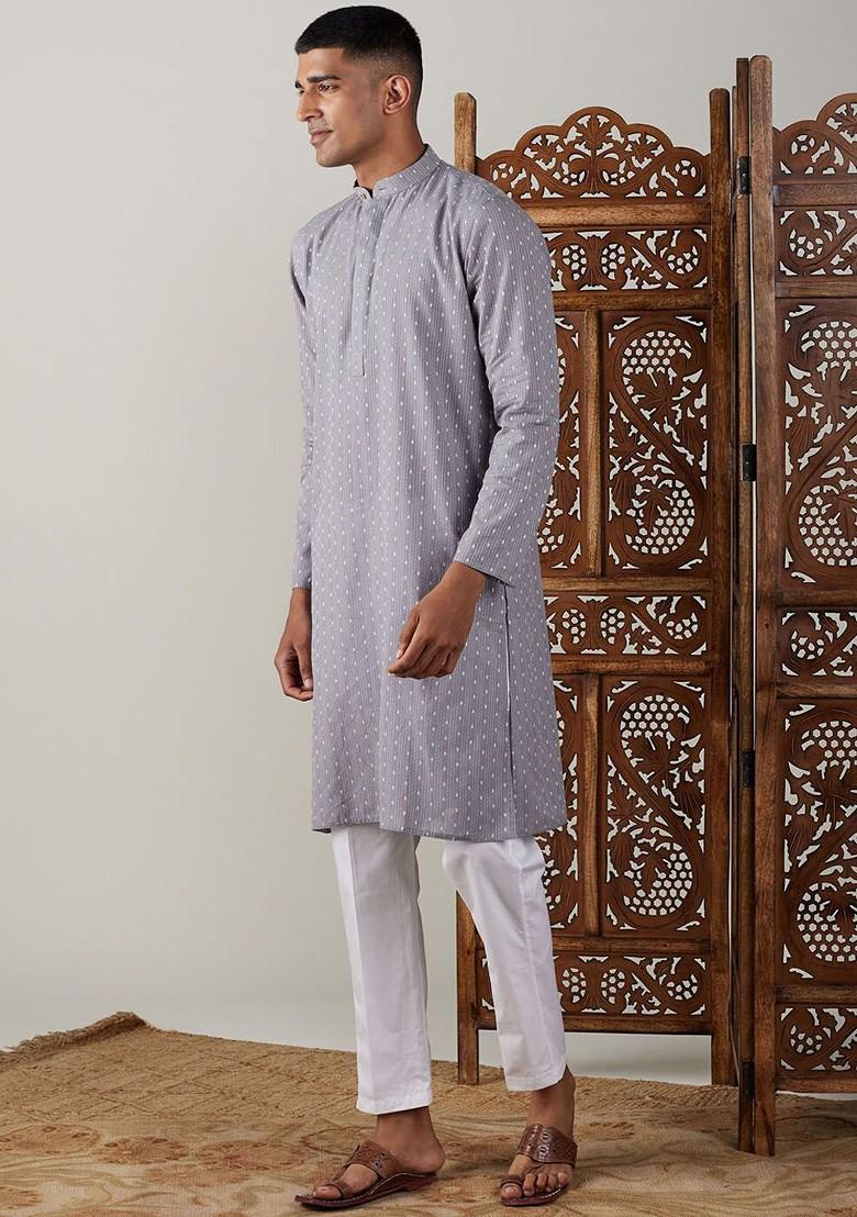 Grey Geometric Print Cotton Kurta Set For Men