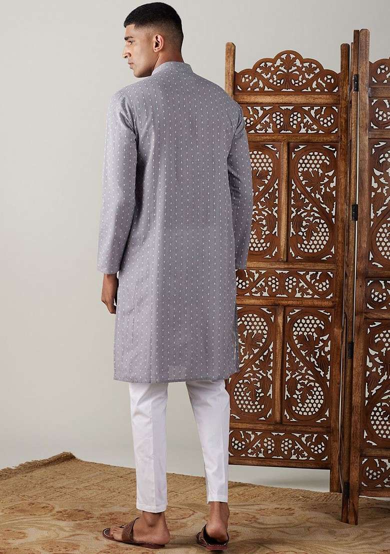 Grey Geometric Print Cotton Kurta Set For Men - Indya