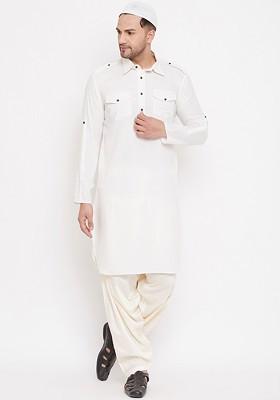 White Solid Pathani Kurta Set For Men