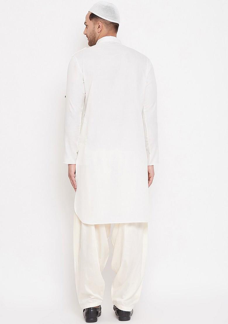 White Solid Pathani Kurta Set For Men