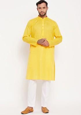 Yellow Solid Poly Blend Kurta Set For Men