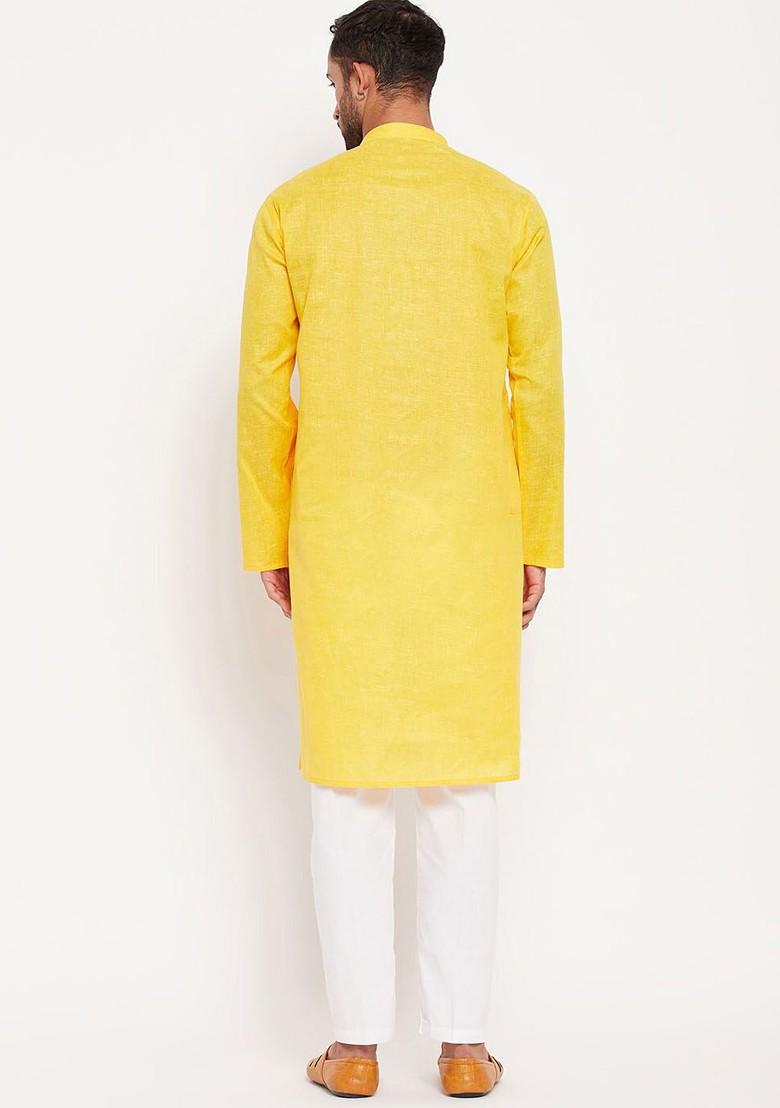 Yellow Solid Poly Blend Kurta Set For Men