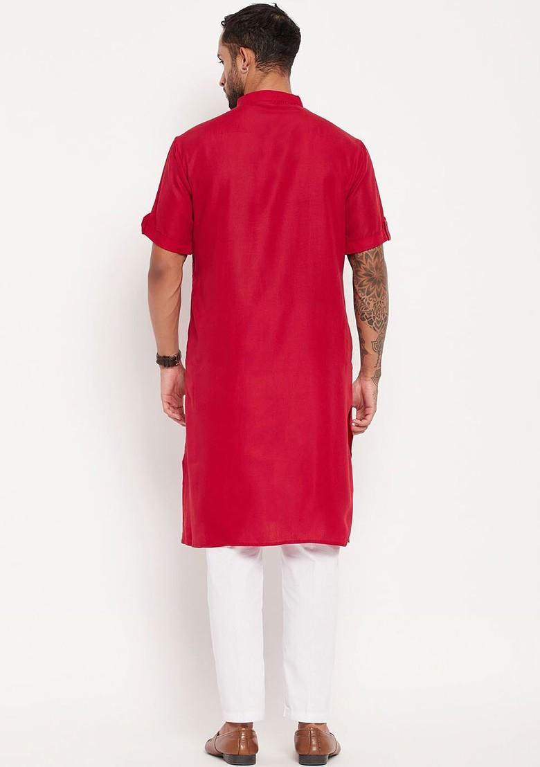 Maroon Solid Poly Blend Kurta Set For Men