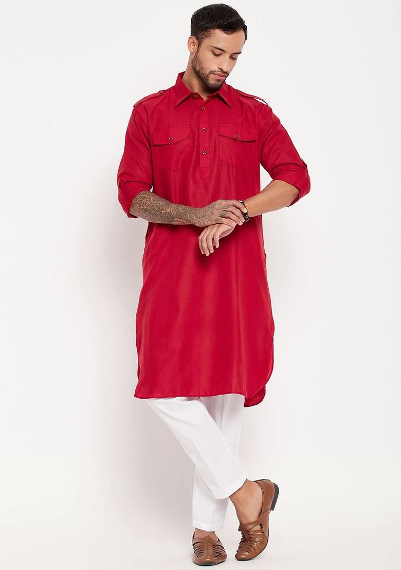 Maroon Solid Pathani Kurta Set For Men