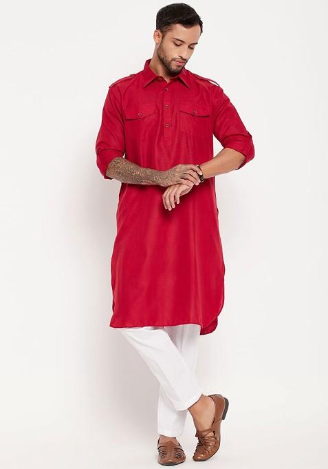 Maroon Solid Pathani Kurta Set For Men