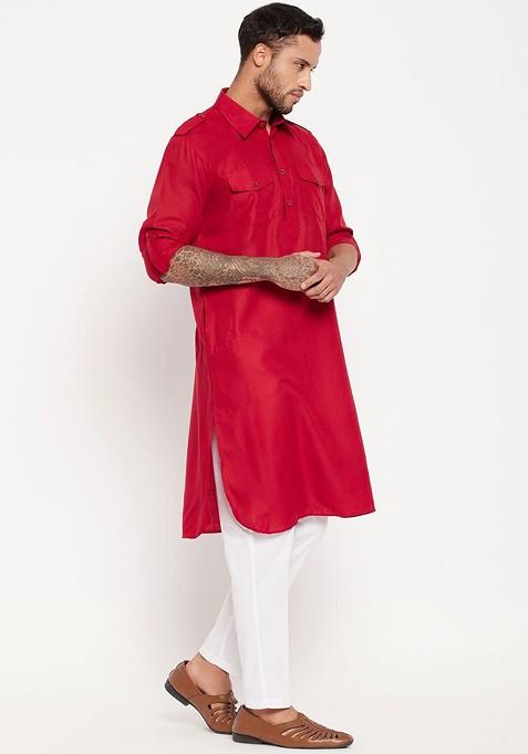 Maroon Solid Pathani Kurta Set For Men