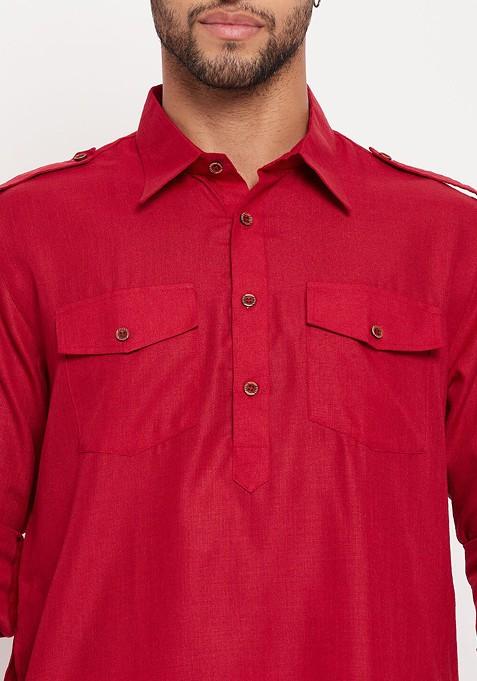 Maroon Solid Pathani Kurta Set For Men