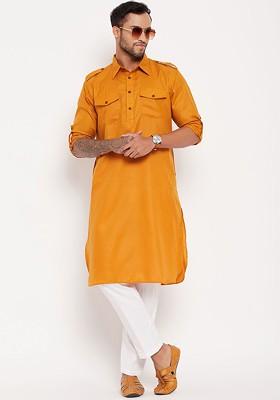 Mustard Solid Pathani Kurta Set For Men