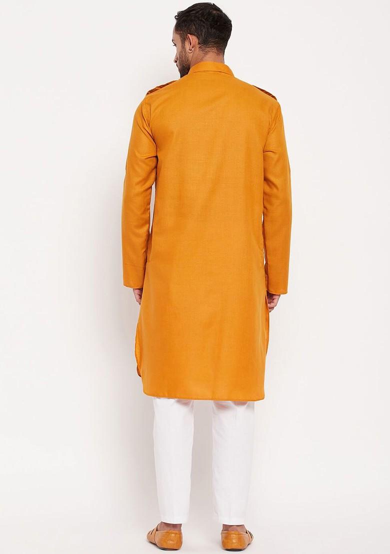 Mustard Solid Pathani Kurta Set For Men