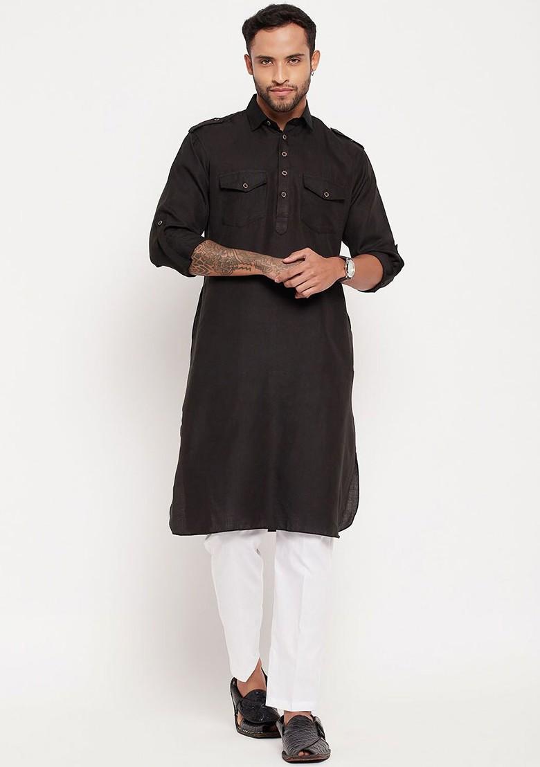 Black Solid Pathani Kurta Set For Men