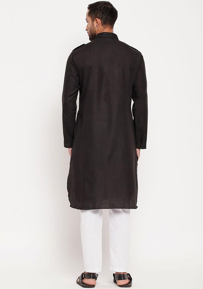Black Solid Pathani Kurta Set For Men